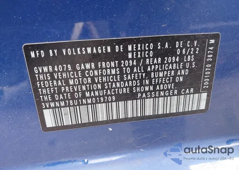 2022 Volkswagen Jetta 1.5T S z USA, uszkodzony, nr VIN 3VWNM7BU1NM019709